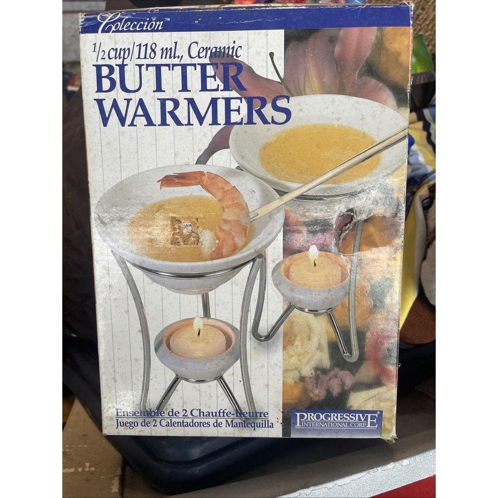 Progressive Set of 2 Ceramic Butter Warmers w/ 2 tealights - New In Box